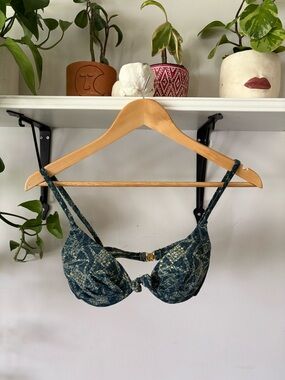 villager Teal Green Patterned Underwire Bikini Top with Front Knot